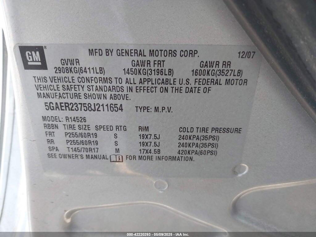 5GAER23758J211654 2008 BUICK ENCLAVE photo no. 9