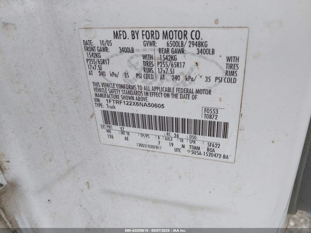 1FTRF122X6NA50605 2006 FORD F-150 photo no. 9