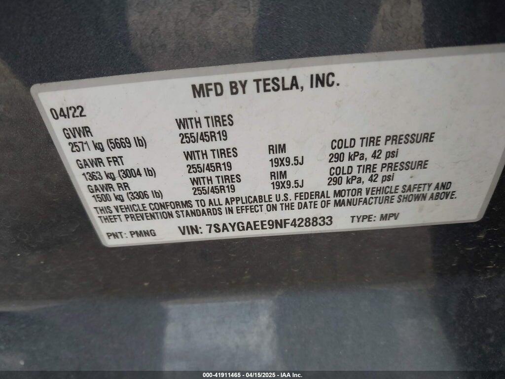 7SAYGAEE9NF428833 2022 TESLA MODEL Y photo no. 9