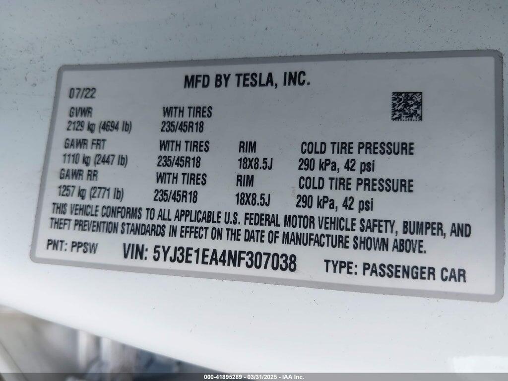 5YJ3E1EA4NF307038 2022 TESLA MODEL 3 photo no. 9