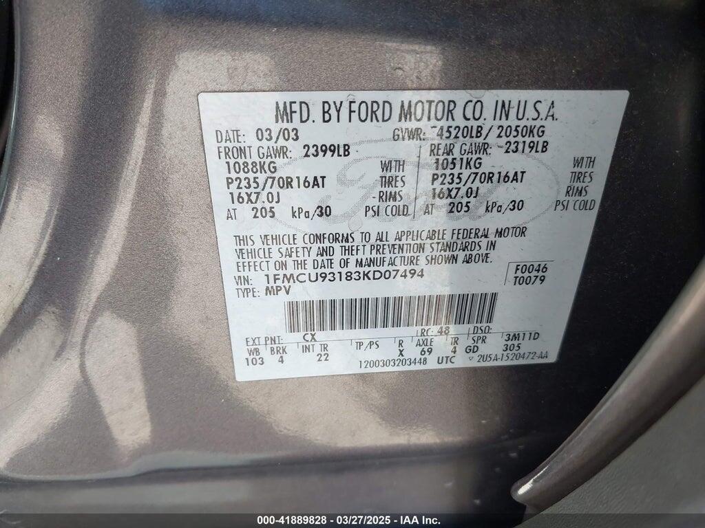 1FMCU93183KD07494 2003 FORD ESCAPE photo no. 9