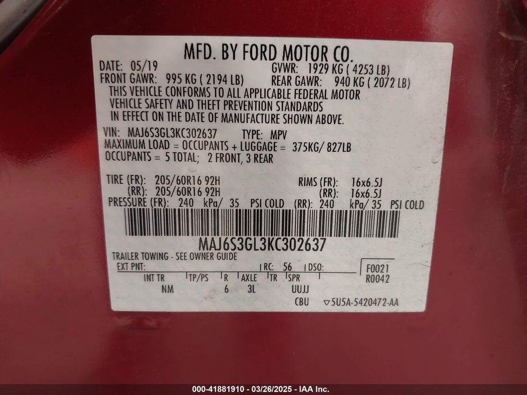 MAJ6S3GL3KC302637 2019 FORD ECOSPORT photo no. 9