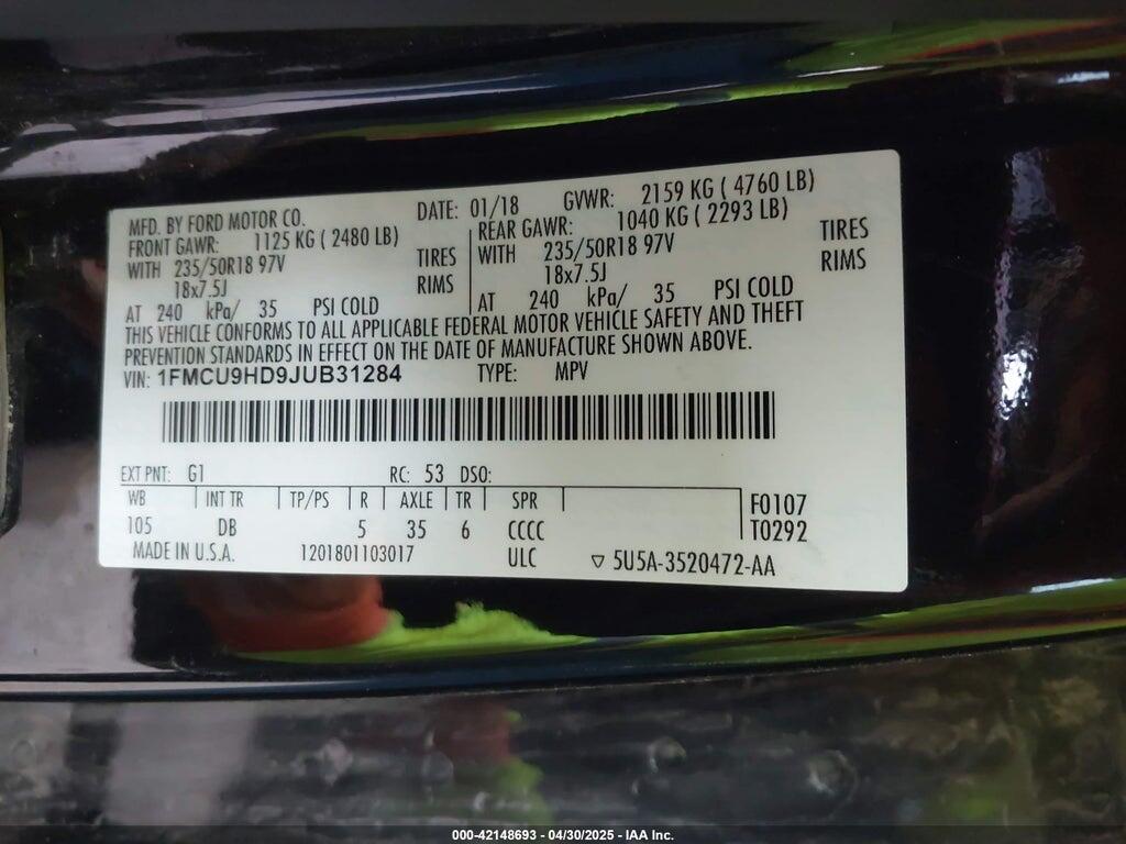 1FMCU9HD9JUB31284 2018 FORD ESCAPE photo no. 9
