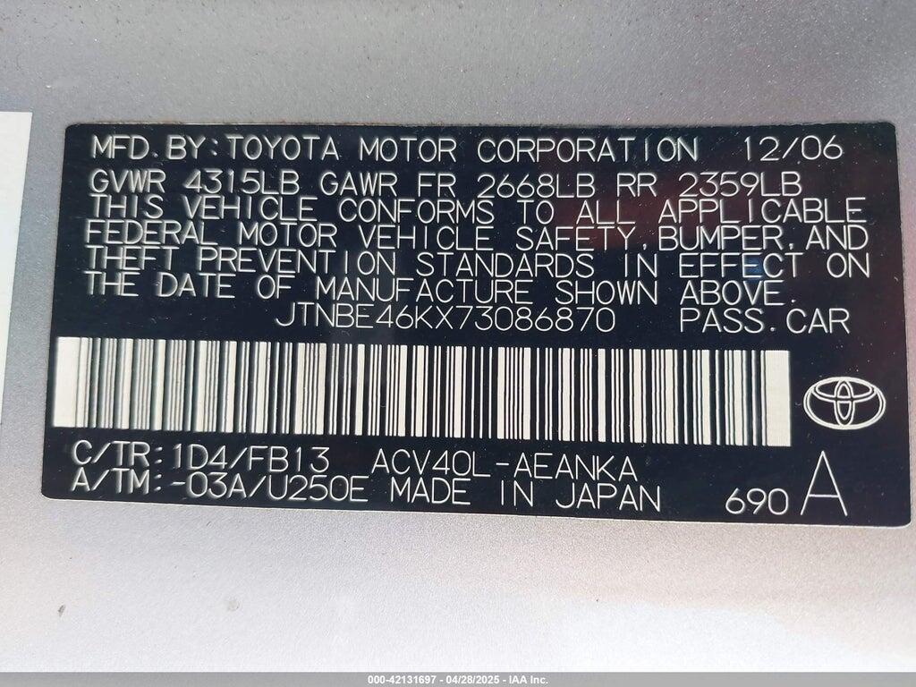 JTNBE46KX73086870 2007 TOYOTA CAMRY photo no. 9