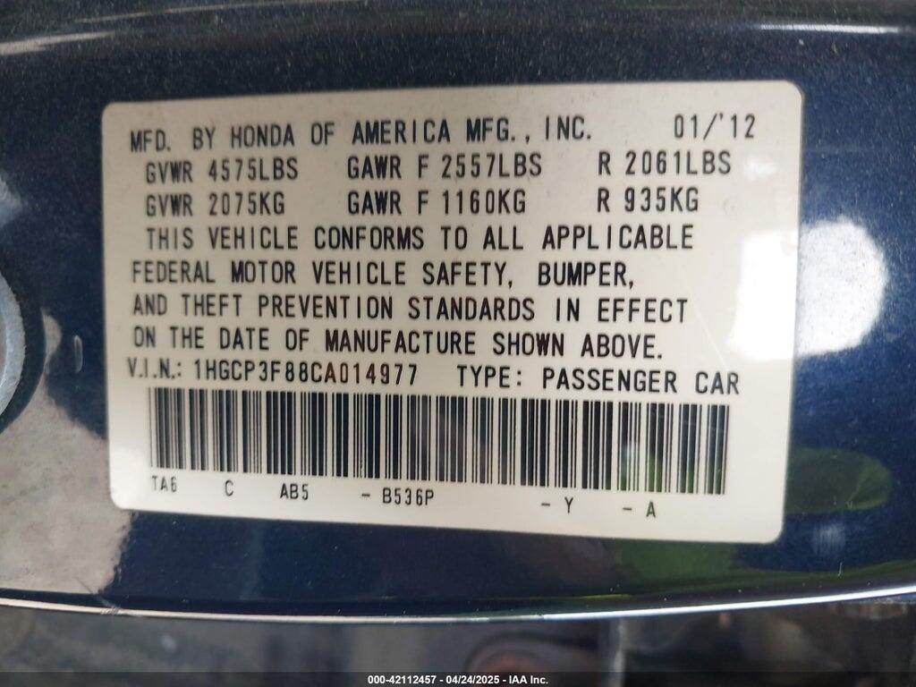 1HGCP3F88CA014977 2012 HONDA ACCORD photo no. 9