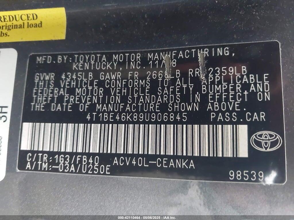 4T1BE46K89U906845 2009 TOYOTA CAMRY photo no. 9