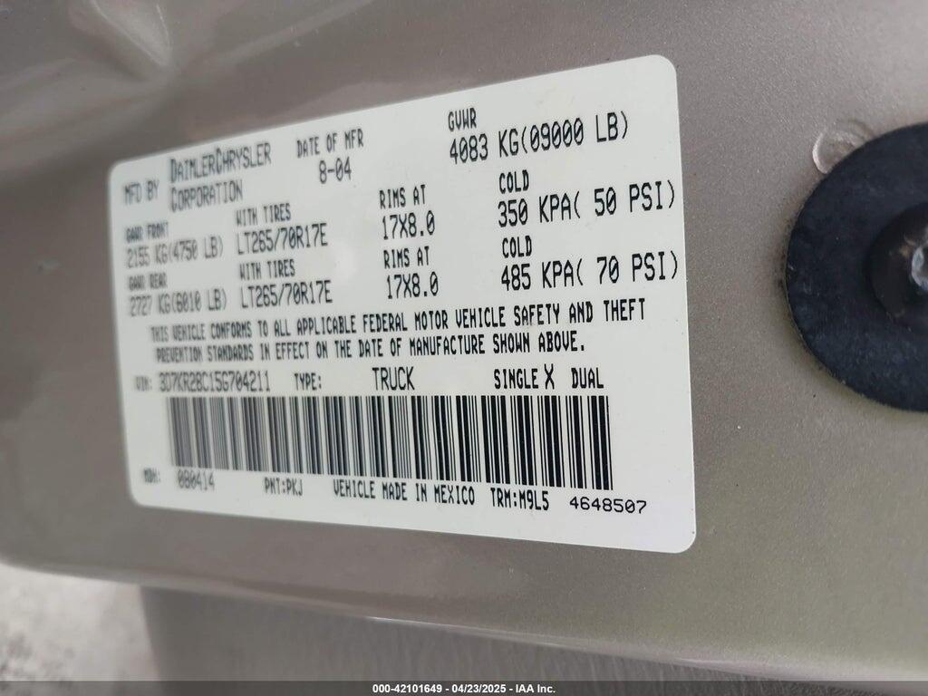 3D7KR28C15G704211 2005 DODGE RAM 2500 photo no. 9