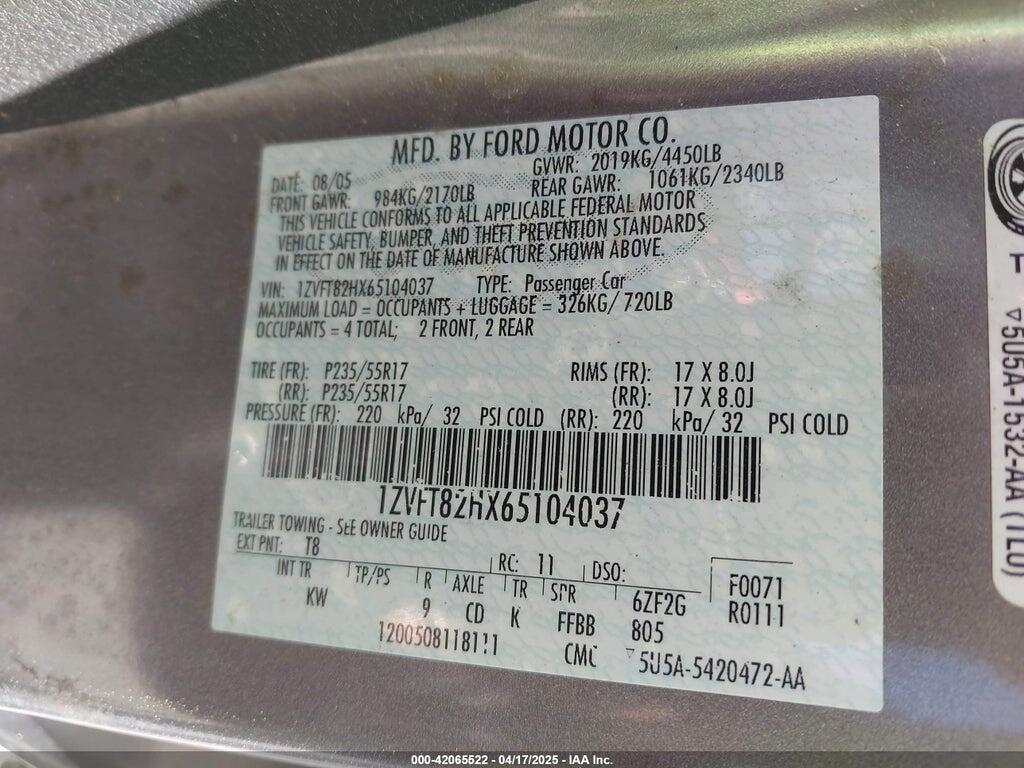 1ZVFT82HX65104037 2006 FORD MUSTANG photo no. 9
