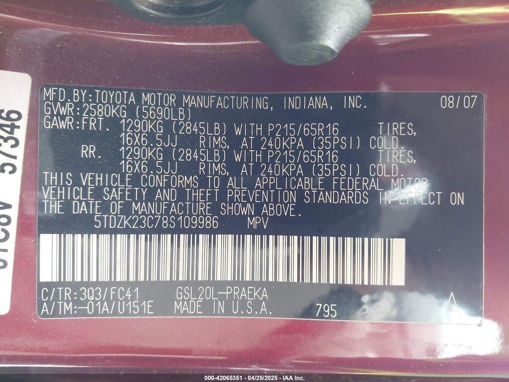 5TDZK23C78S109986 2008 TOYOTA SIENNA photo no. 9