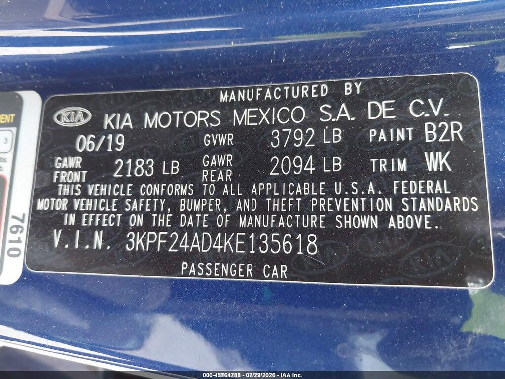 3KPF24AD4KE135618 2019 KIA FORTE photo no. 9