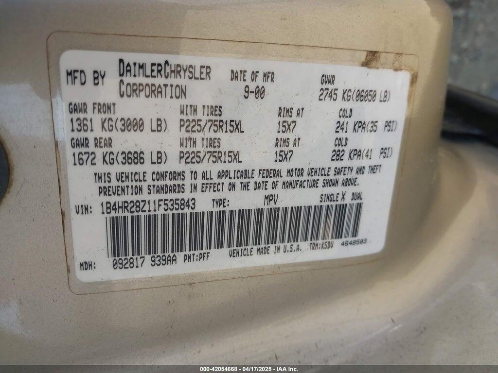 1B4HR28Z11F535843 2001 DODGE DURANGO photo no. 9