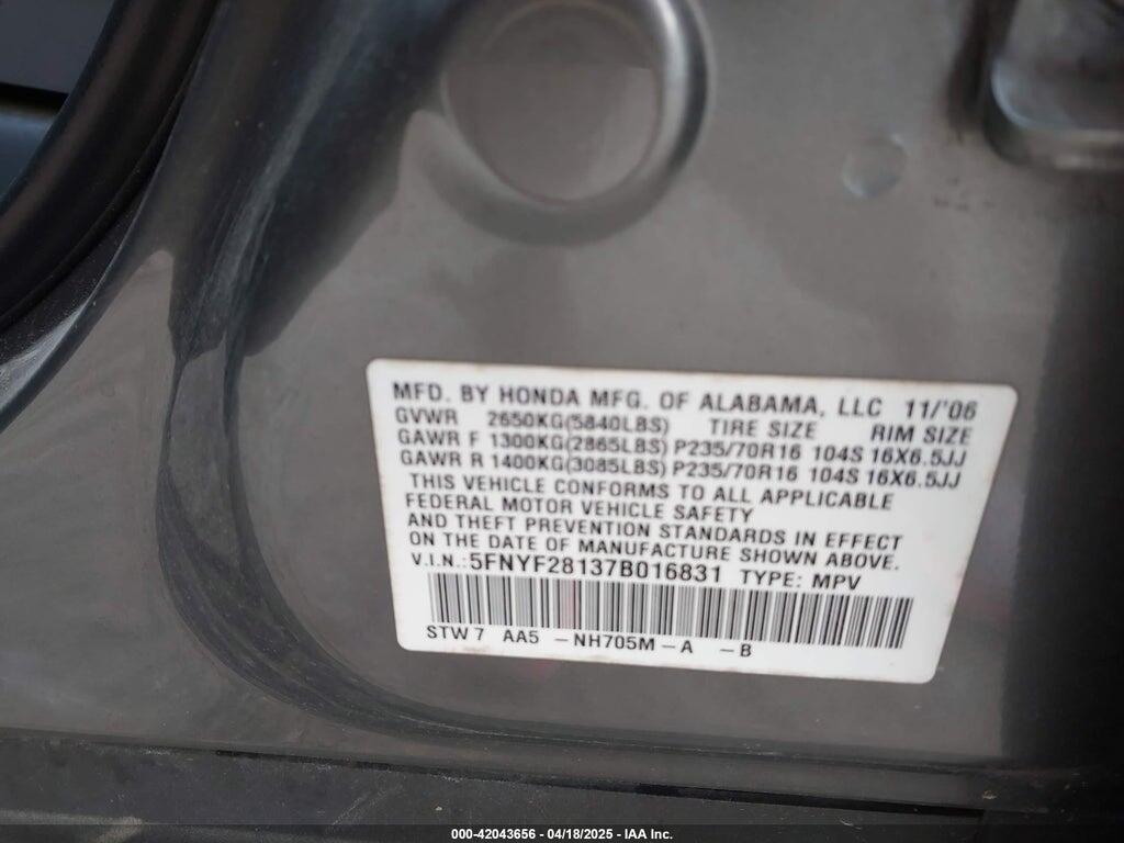 5FNYF28137B016831 2007 HONDA PILOT photo no. 9
