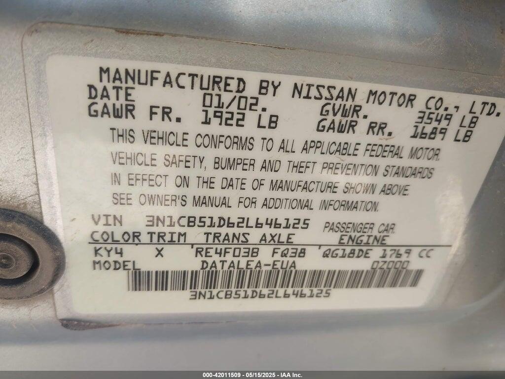3N1CB51D62L646125 2002 NISSAN SENTRA photo no. 9