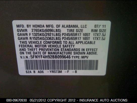 5FNYF4H92BB099646 2011 HONDA PILOT photo no. 9