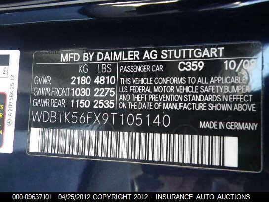 WDBTK56FX9T105140 2009 MERCEDES-BENZ CLK350 photo no. 9