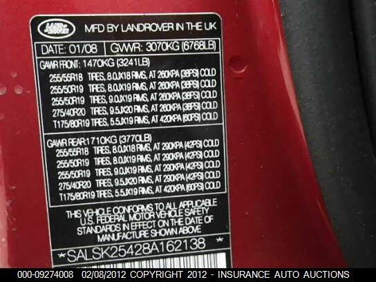 SALSK25428A162138 2008 LAND ROVER RANGE ROVER SPORT photo no. 9