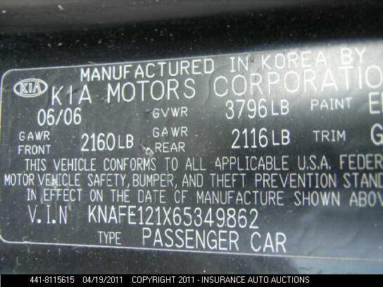 KNAFE121X65349862 2006 KIA SPECTRA photo no. 9