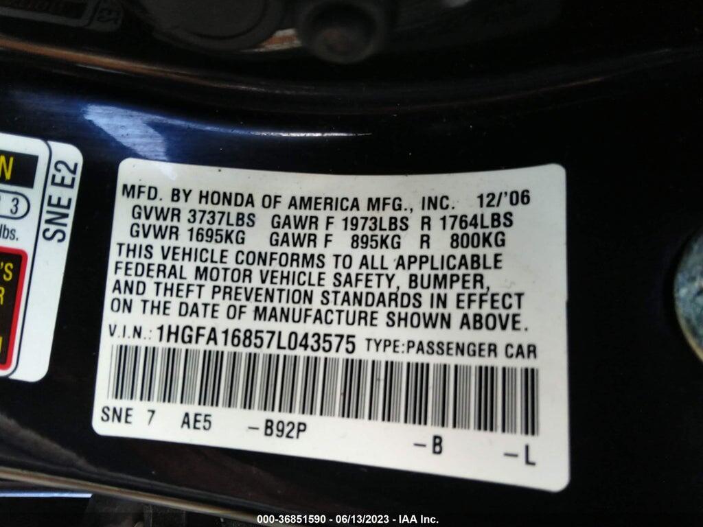 1HGFA16857L043575 2007 HONDA CIVIC SDN photo no. 9