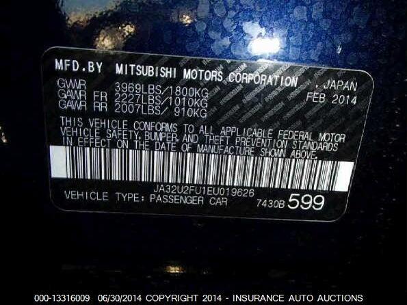 JA32U2FU1EU019626 2014 MITSUBISHI LANCER photo no. 9