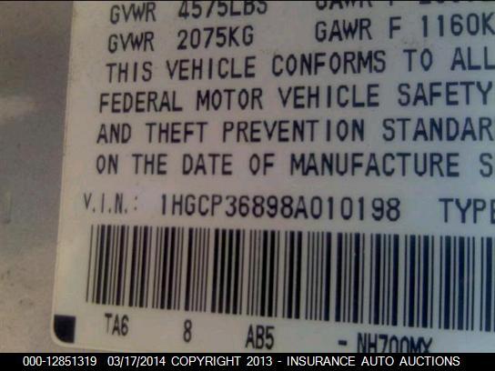 1HGCP36898A010198 2008 HONDA ACCORD photo no. 9