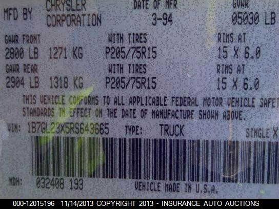 1B7GL23X5RS643665 1994 DODGE DAKOTA photo no. 9