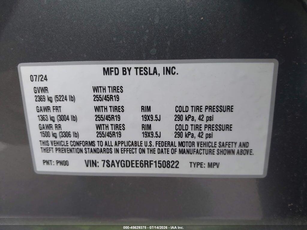 7SAYGDEE6RF150822 2024 TESLA MODEL Y photo no. 9
