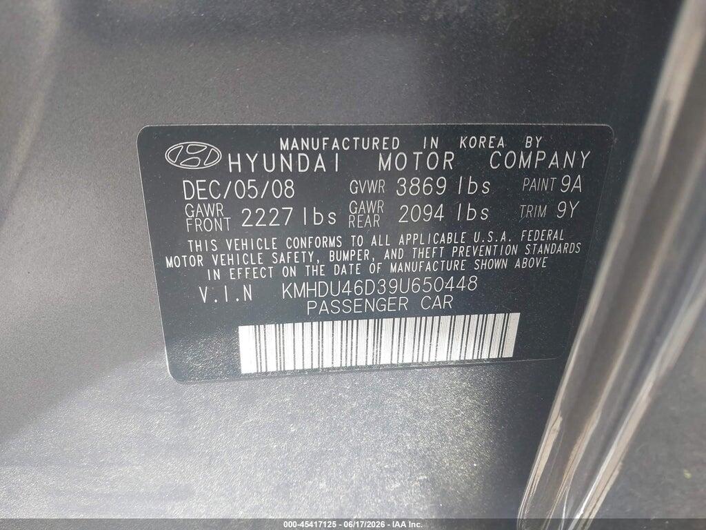 KMHDU46D39U650448 2009 HYUNDAI ELANTRA photo no. 9
