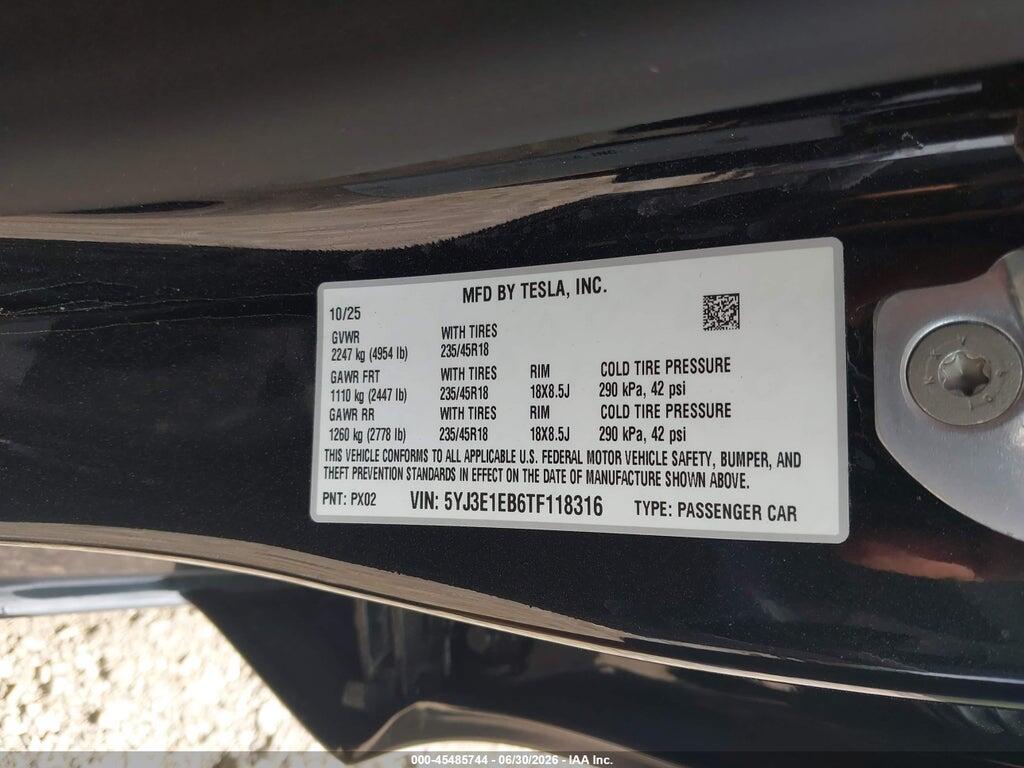 5YJ3E1EB6TF118316 2026 TESLA MODEL 3 photo no. 9