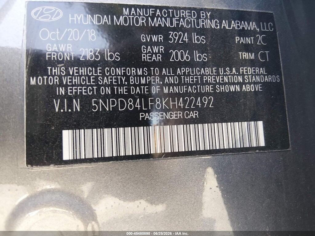 5NPD84LF8KH422492 2019 HYUNDAI ELANTRA photo no. 9