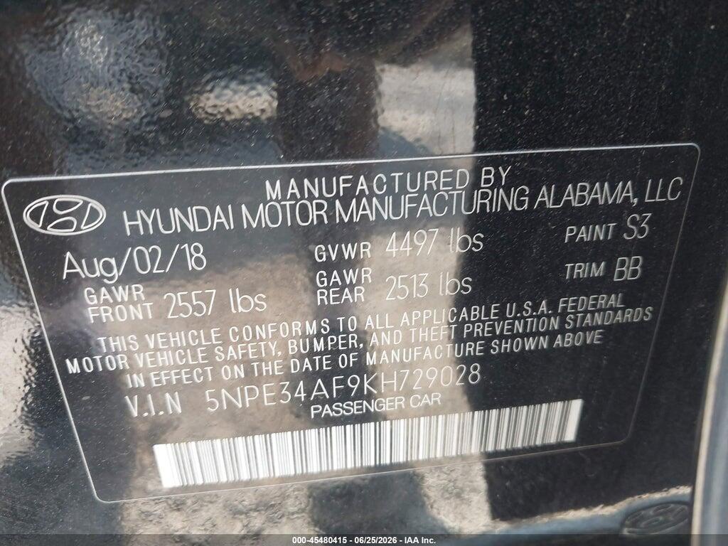 5NPE34AF9KH729028 2019 HYUNDAI SONATA photo no. 9