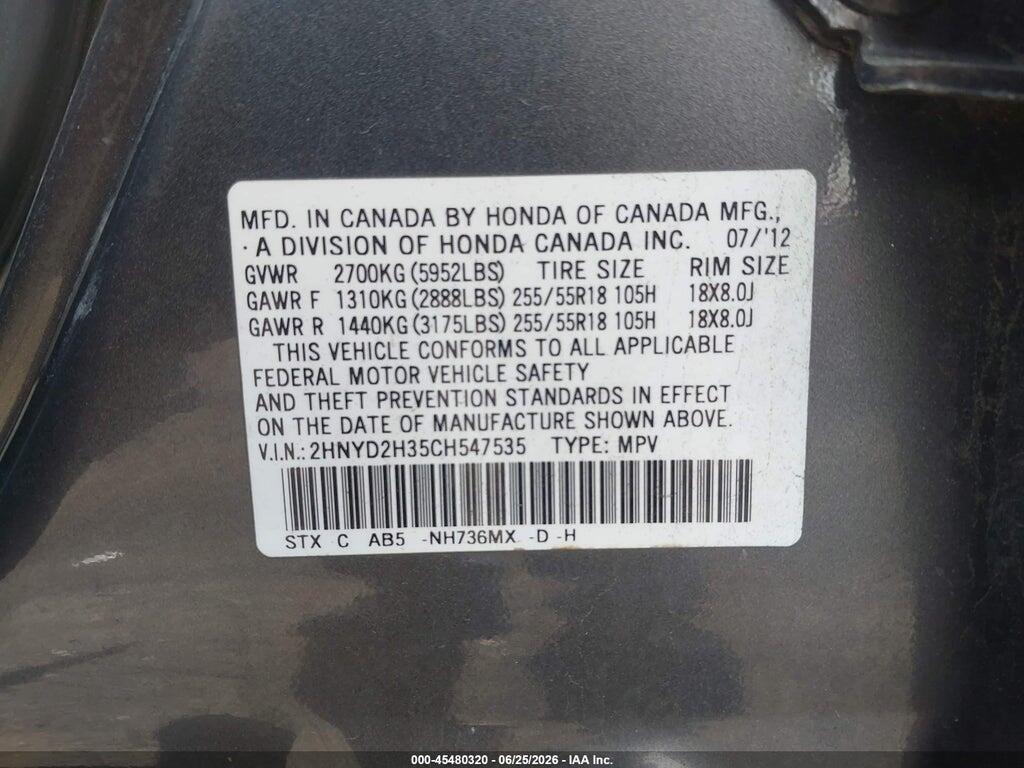 2HNYD2H35CH547535 2012 ACURA MDX photo no. 9