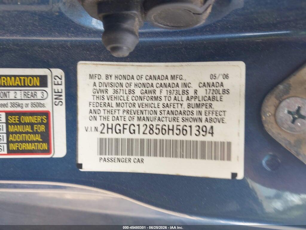 2HGFG12856H561394 2006 HONDA CIVIC photo no. 9