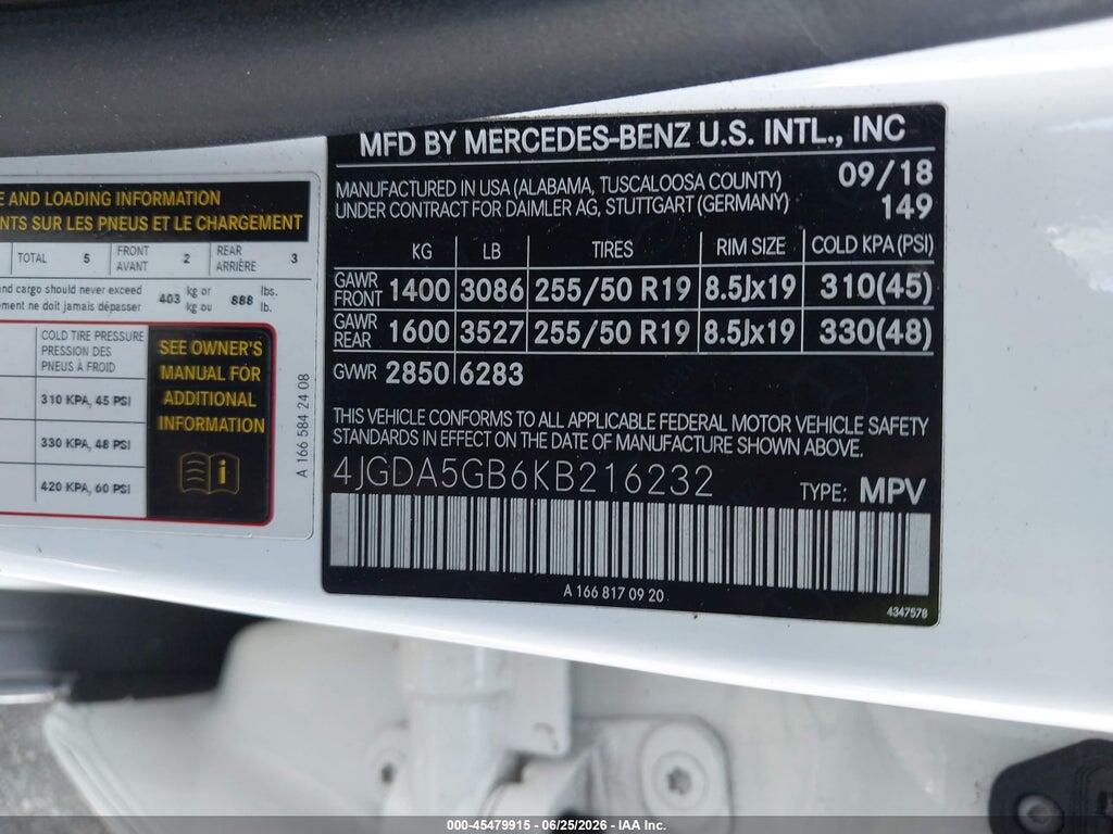 4JGDA5GB6KB216232 2019 MERCEDES-BENZ GLE 400 photo no. 9