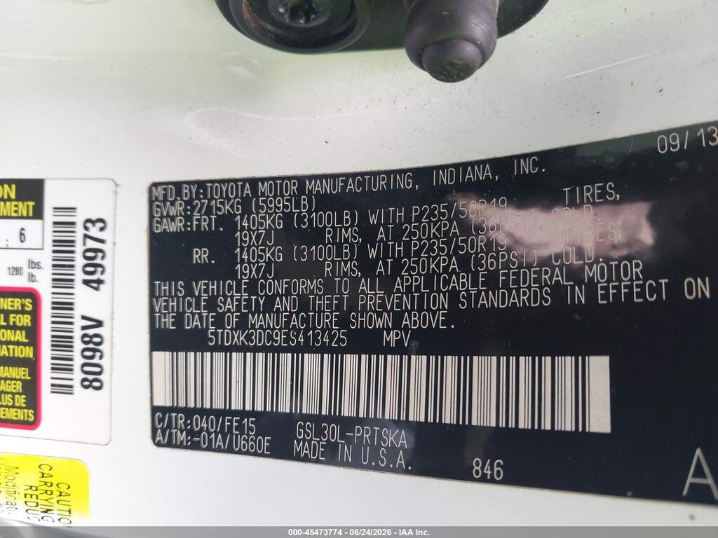 5TDXK3DC9ES413425 2014 TOYOTA SIENNA photo no. 9