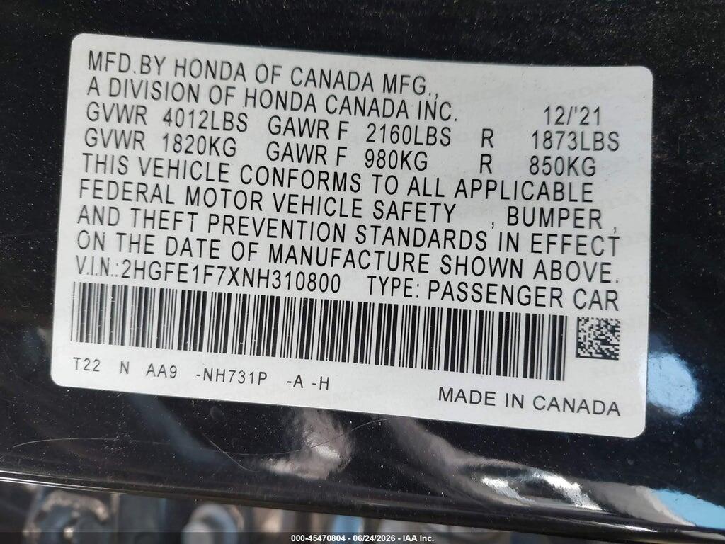 2HGFE1F7XNH310800 2022 HONDA CIVIC photo no. 9