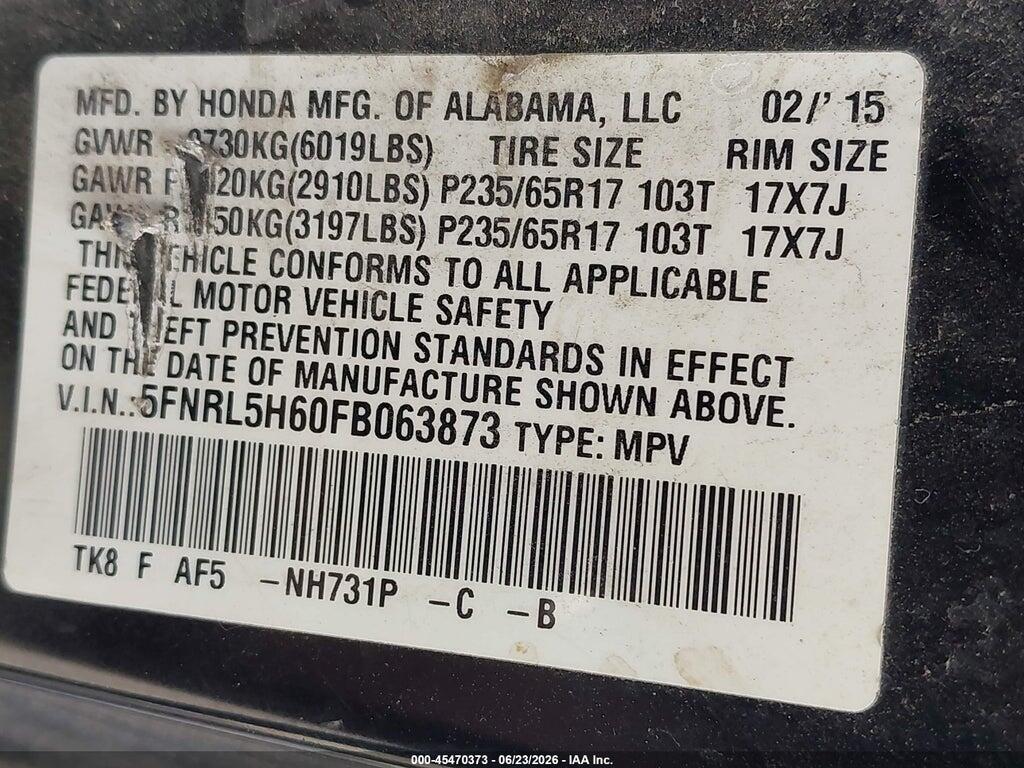 5FNRL5H60FB063873 2015 HONDA ODYSSEY photo no. 9