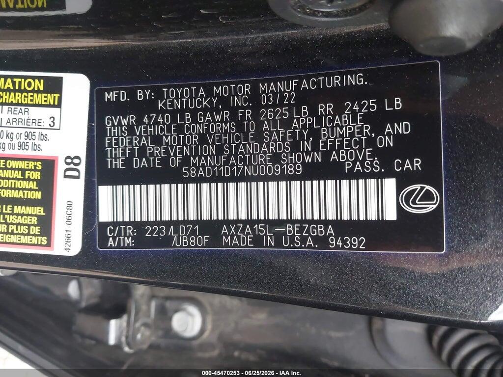 58AD11D17NU009189 2022 LEXUS ES 250 photo no. 9