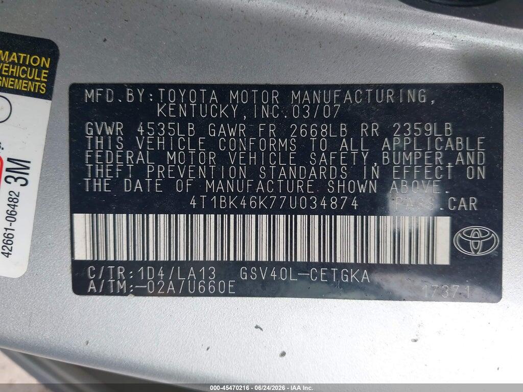4T1BK46K77U034874 2007 TOYOTA CAMRY photo no. 9