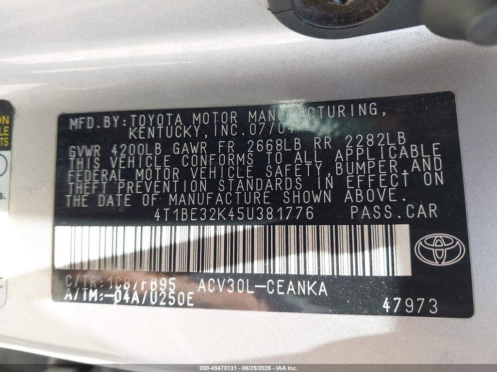 4T1BE32K45U381776 2005 TOYOTA CAMRY photo no. 9