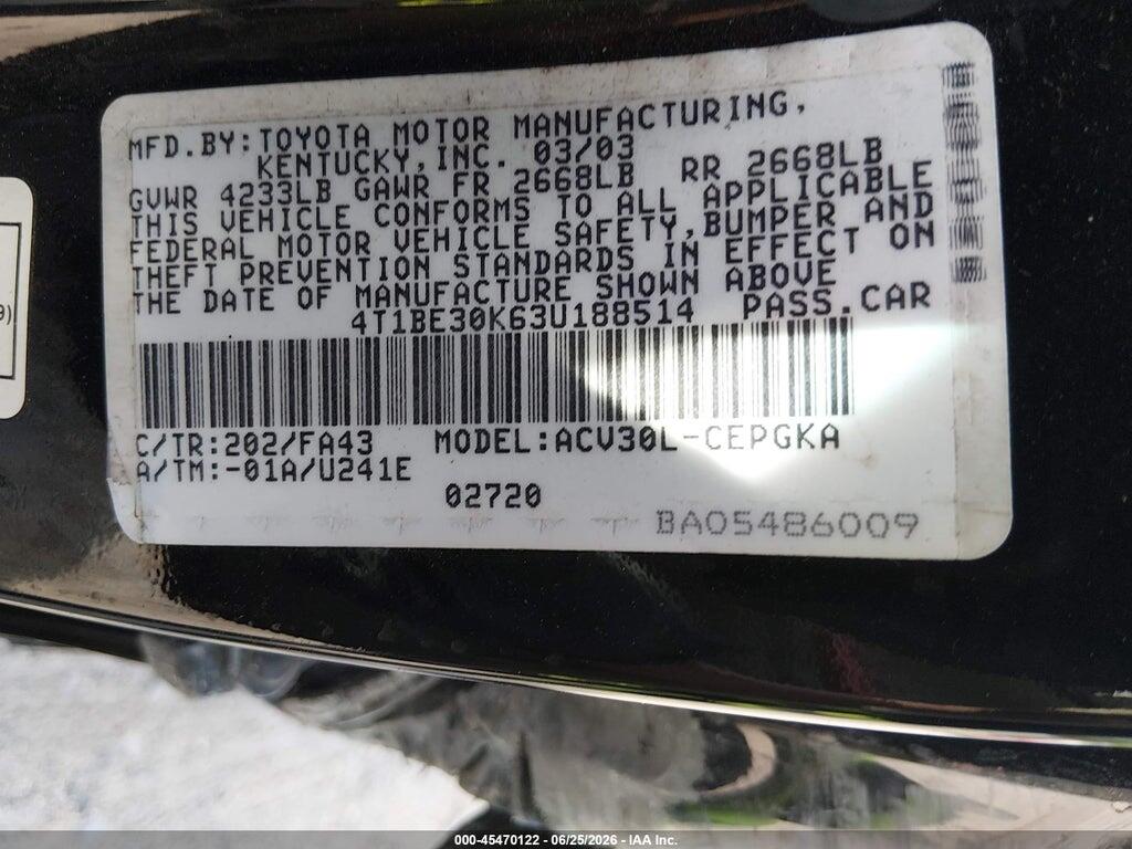 4T1BE30K63U188514 2003 TOYOTA CAMRY photo no. 9