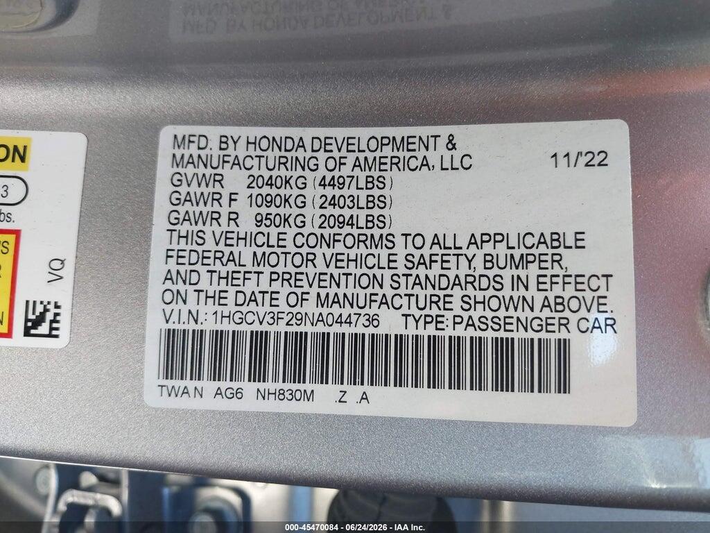 1HGCV3F29NA044736 2022 HONDA ACCORD HYBRID photo no. 9