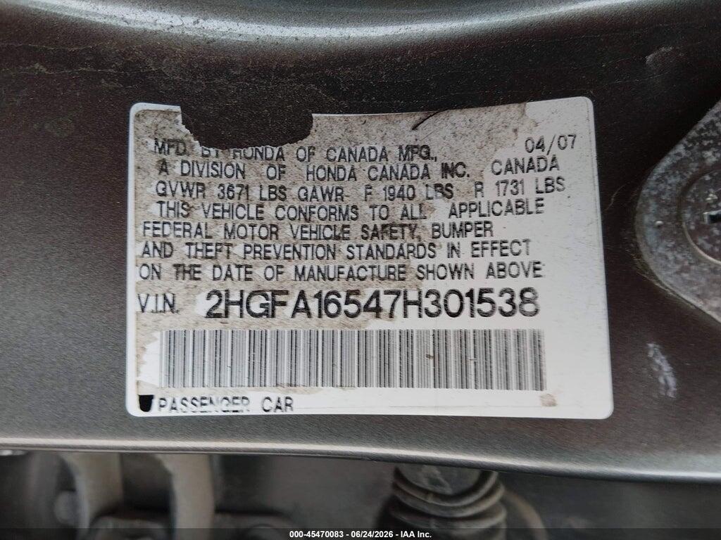 2HGFA16547H301538 2007 HONDA CIVIC photo no. 9