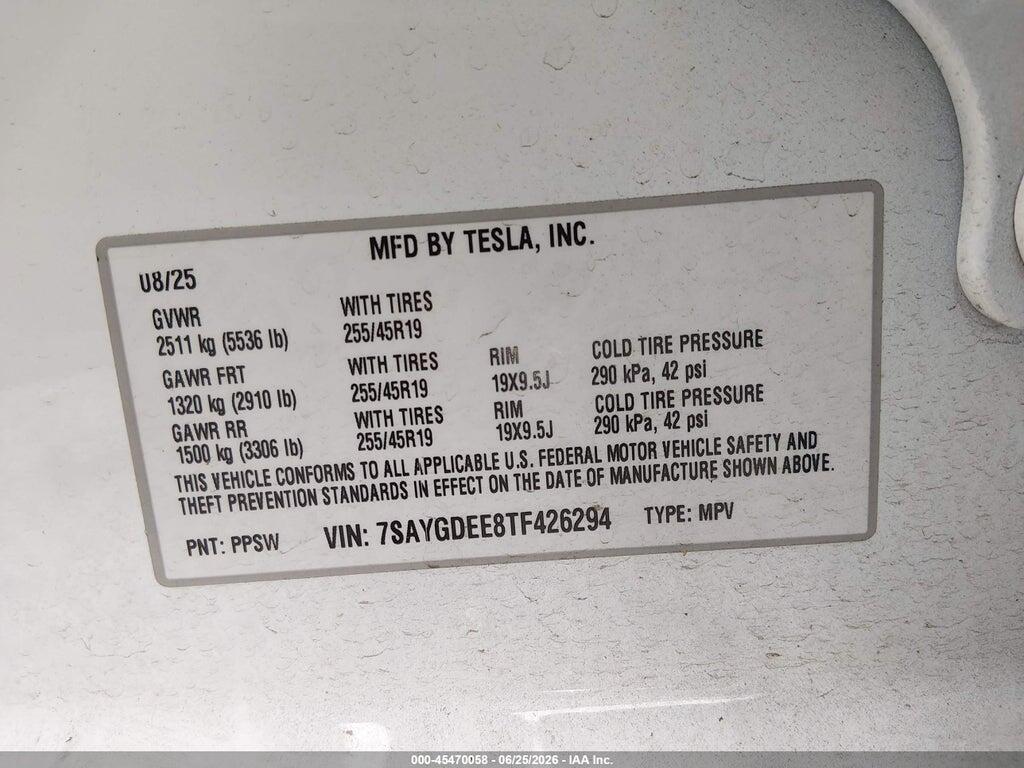 7SAYGDEE8TF426294 2026 TESLA MODEL Y photo no. 9