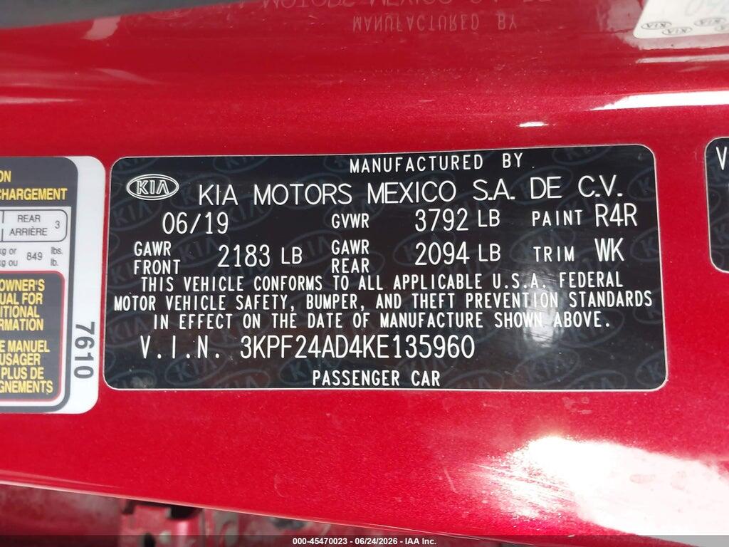 3KPF24AD4KE135960 2019 KIA FORTE photo no. 9