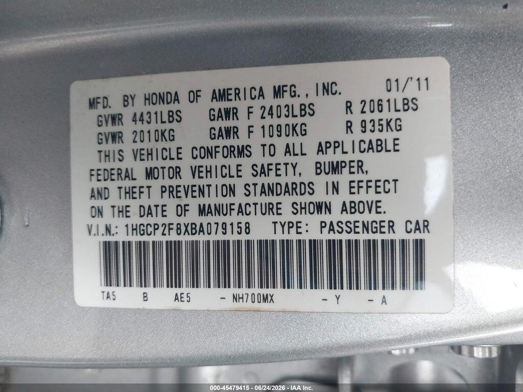 1HGCP2F8XBA079158 2011 HONDA ACCORD photo no. 9