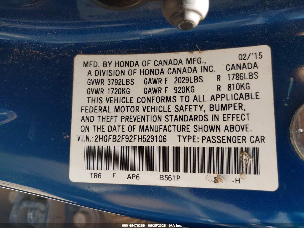 2HGFB2F92FH529106 2015 HONDA CIVIC photo no. 9