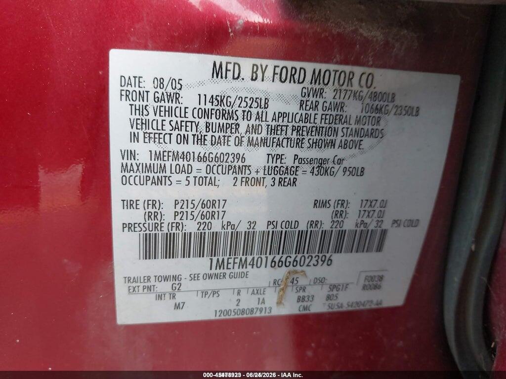 1MEFM40166G602396 2006 MERCURY MONTEGO photo no. 9
