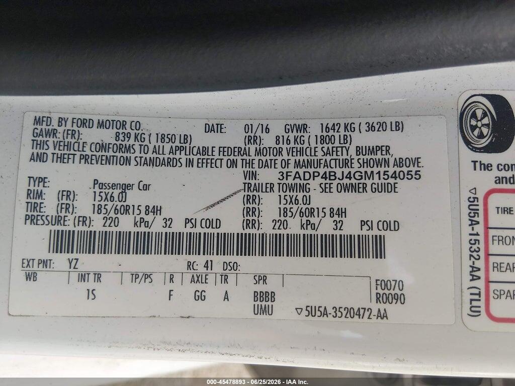 3FADP4BJ4GM154055 2016 FORD FIESTA photo no. 9