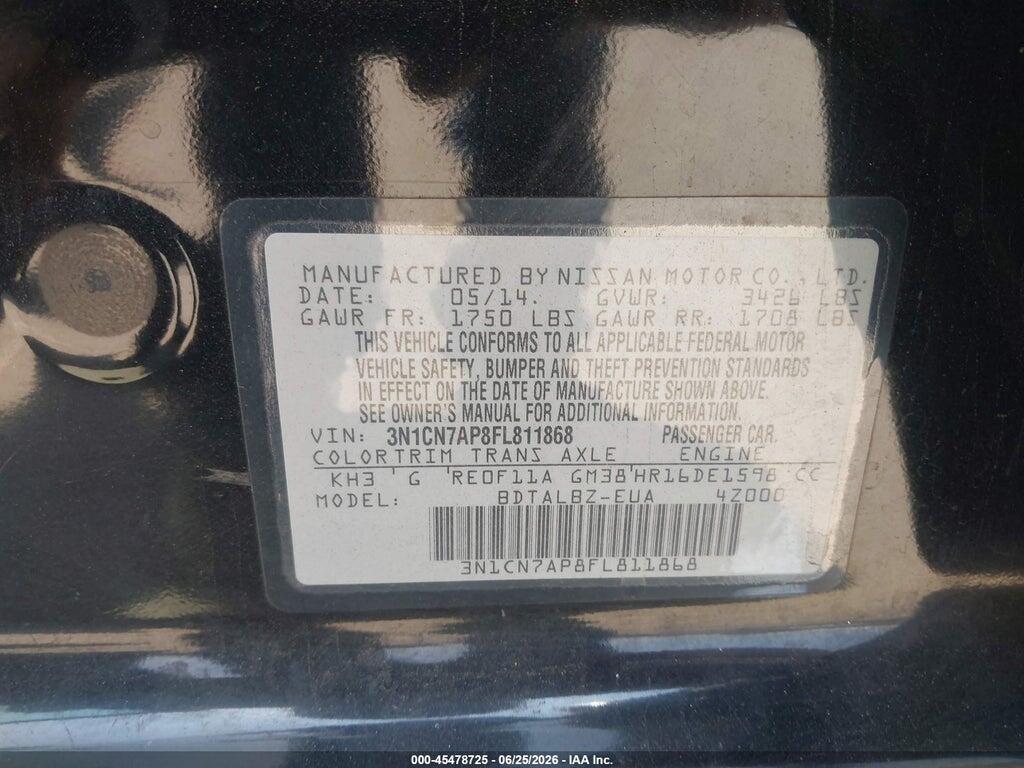 3N1CN7AP8FL811868 2015 NISSAN VERSA photo no. 9