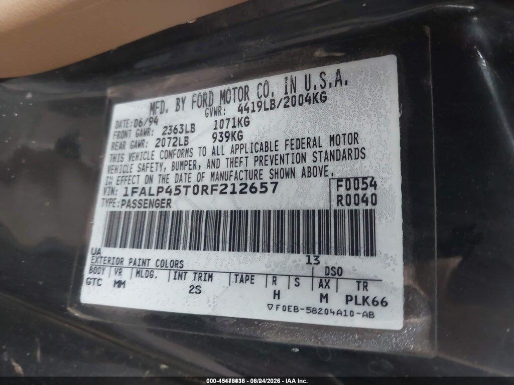 1FALP45T0RF212657 1994 FORD MUSTANG photo no. 9